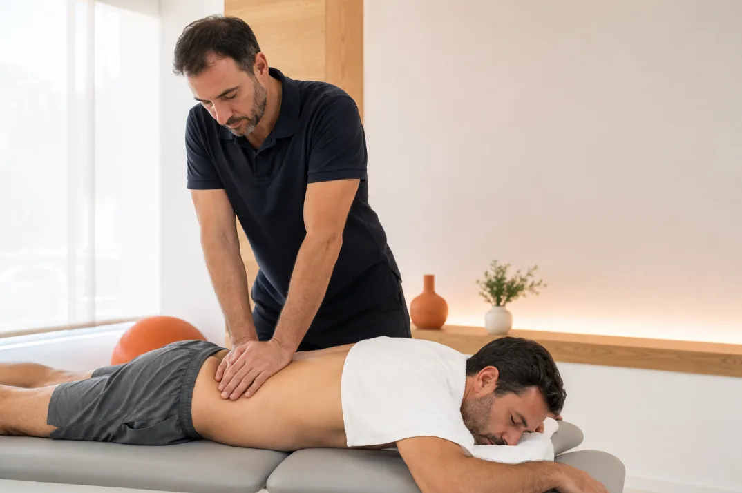 Fisioterapeuta tratando la zona lumbar de un paciente en el centro de Reus