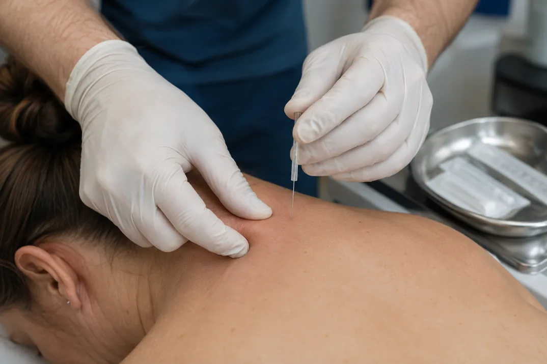 Fisioterapeuta aplicant punció seca sobre la musculatura d’un pacient a Reus